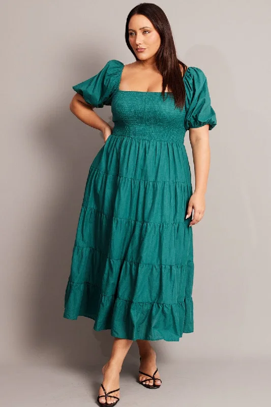 Green Maxi Dress Short Sleeve Tiered Tie Back Comfortable Maxi Dress with Sleeves