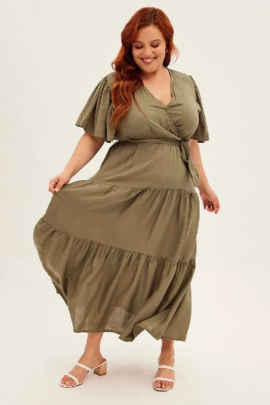 Green Maxi Dress Short Sleeve V-neck Tiered Trendy Ruffled Maxi Dress