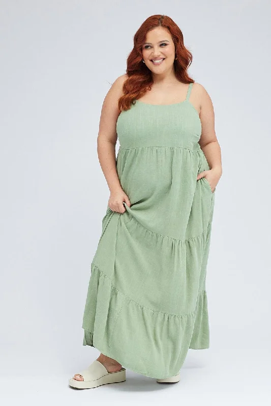 Green Maxi Dress Sleeveless Tiered Linen Blend Chic Boho Print Maxi Dress