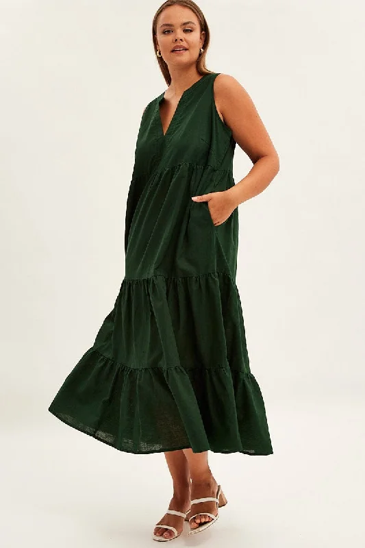 Green Maxi Dress Sleeveless Tiered Linen Blend Cozy Maxi Dress with Slit