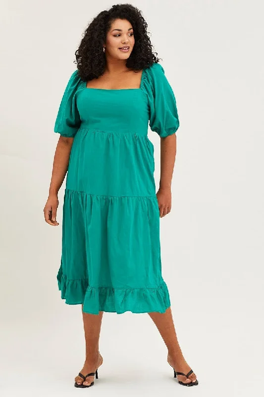 Green Maxi Dress Square Neck Short Sleeve Tie Fashionable Faux Wrap Maxi Dress