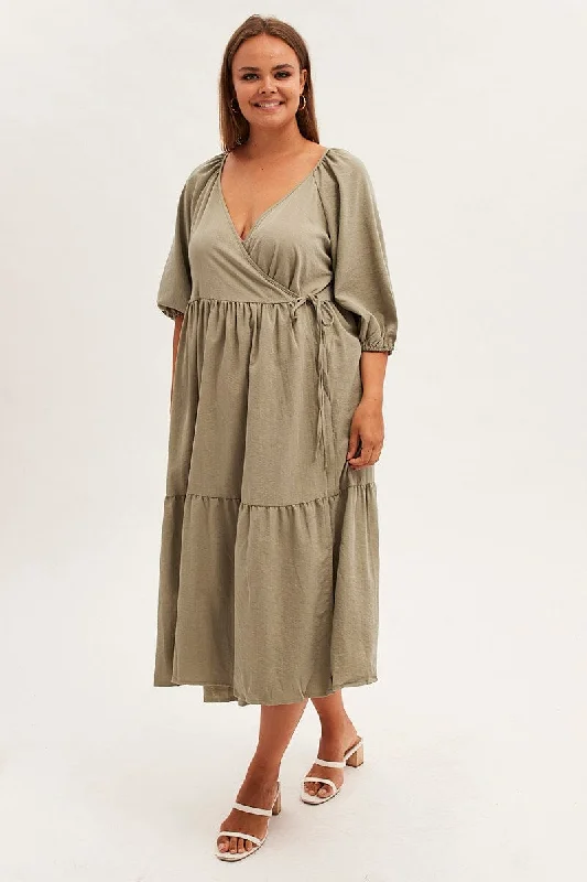 Green Maxi Dress Wrap Short Sleeve Trendy Satin Maxi Dress