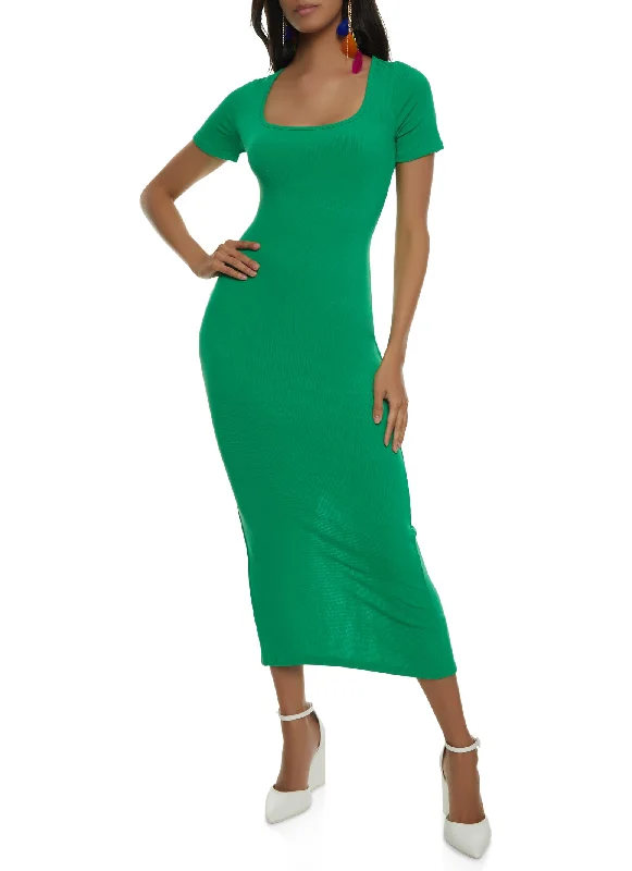 Ribbed Knit Square Neck Maxi Dress Fashionable Layered Maxi Dress