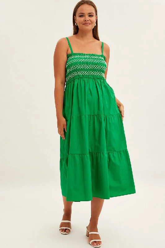 Green Strap Tiered Maxi Dress Smocked Comfortable Maxi Dress with Sleeves