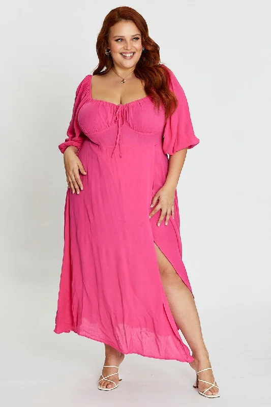 Hot Pink Maxi Dress Scoop Neck Short Sleeve Front Split Stylish Boho Maxi Dress