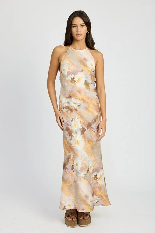Halter Neck Floral Maxi Dress Classic A-Line Maxi Dress