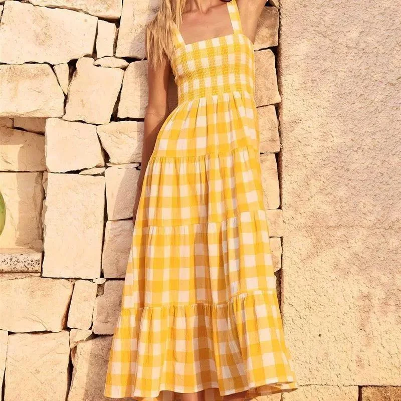 Hobor Gingham Maxi Dress in Yellow Classic Black Maxi Dress