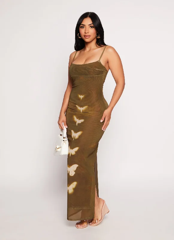 Butterfly Printed Cami Maxi Dress Stylish Maxi Dress with Frills
