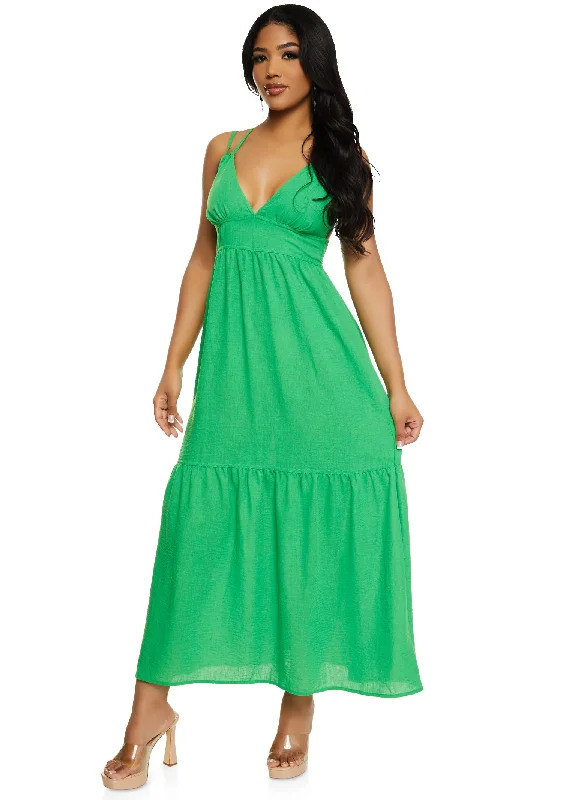 Haute Monde Linen Plunge Tiered Maxi Dress Elegant Maxi Dress with Ruffles