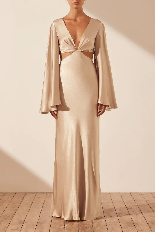 LA LUNE FLARED SLEEVE OPEN BACK MAXI DRESS - GOLD Fashionable High-Waist Maxi Dress