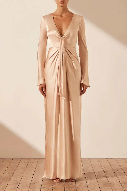 LA LUNE PLUNGED TIE FRONT MAXI DRESS - DESERT ROSE Cozy Knit Maxi Dress