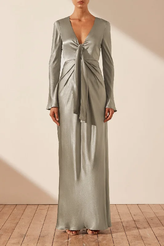 LA LUNE PLUNGED TIE FRONT MAXI DRESS - SAGE Cozy Maxi Dress with Slit