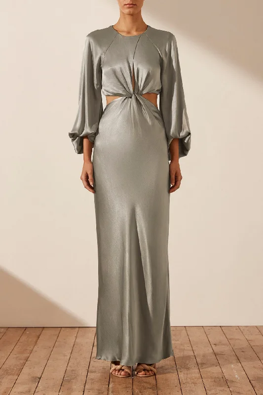LA LUNE TWIST FRONT CUT OUT MAXI DRESS - SAGE Elegant Maxi Dress with Drapes