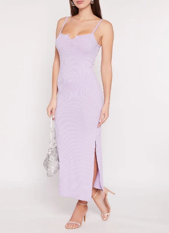Ribbed Notch Neck Side Slit Maxi Dress Fashionable Chiffon Tiered Maxi Dress