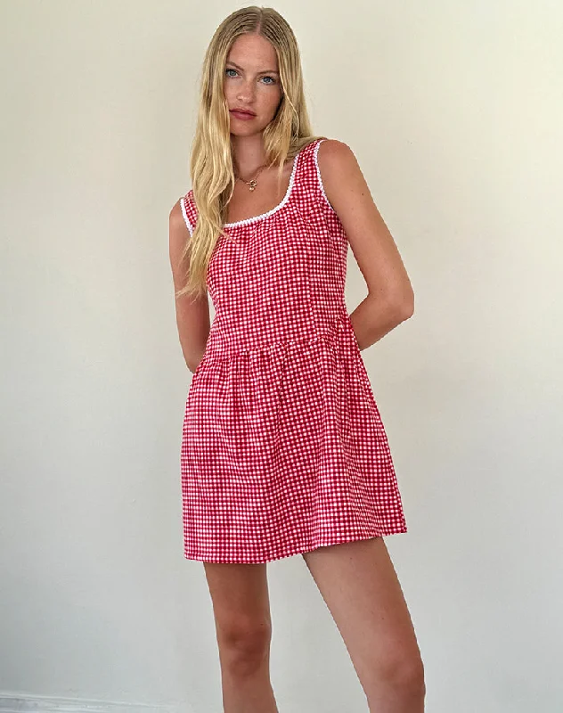 Leshi Mini Dress in Red Gingham Fashionable Mini Dress with Pockets
