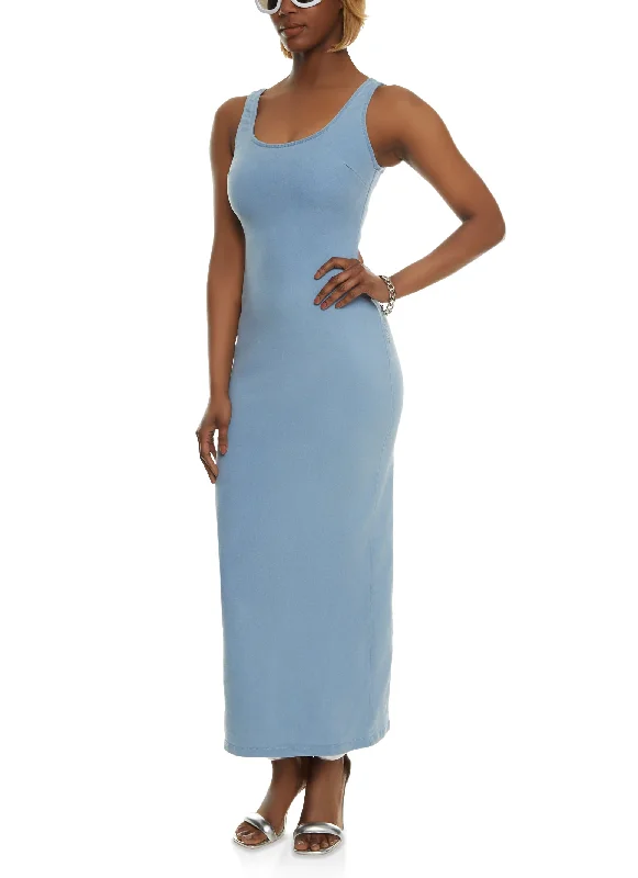Denim Zip Back Tank Maxi Dress Stylish Boho Chic Maxi Dress