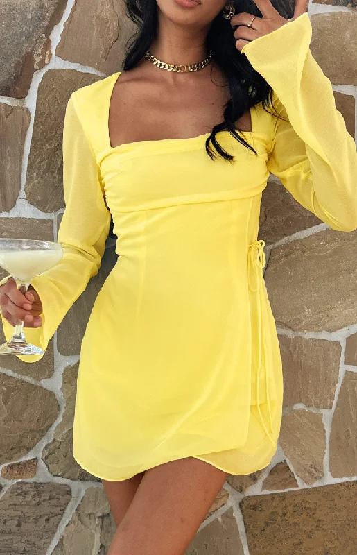 Lucy Yellow Long Sleeve Mini Dress Comfortable Zip-Up Mini Dress