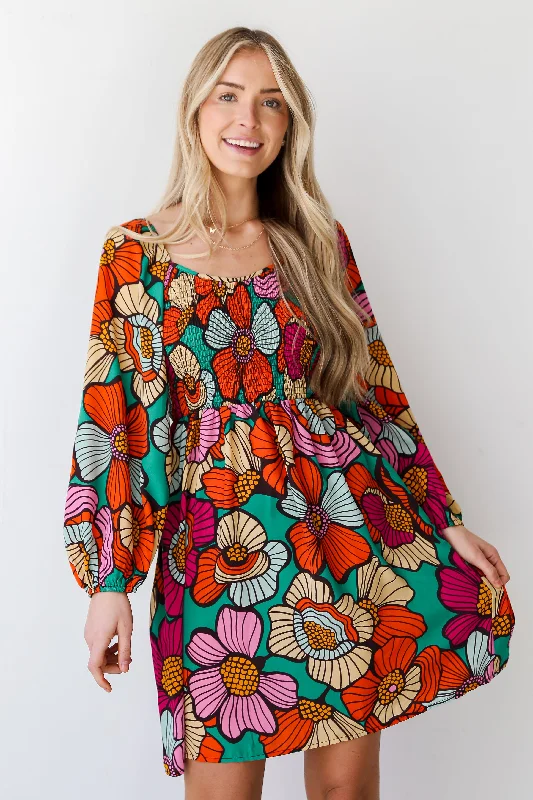 FINAL SALE - Luxe Brilliance Green Floral Mini Dress Comfortable Casual Mini Dress