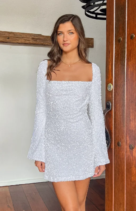 Marienne White Velvet Sequin Mini Dress Fashionable Party Mini Dress
