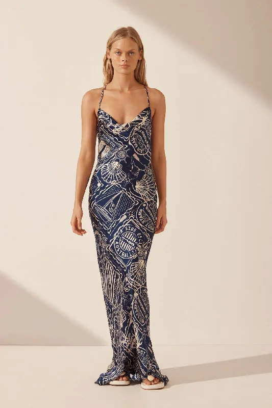 MER SILK DOUBLE COWL BIAS MAXI DRESS Comfortable Bohemian Maxi Dress