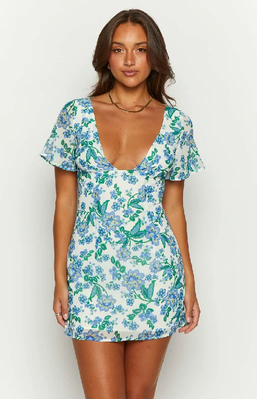 Mira Blue Floral Chiffon Mini Dress Trendy Lace Mini Dress
