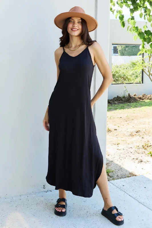 Cami Side Slit Maxi Dress in Black Trendy Maxi Dress with Lace