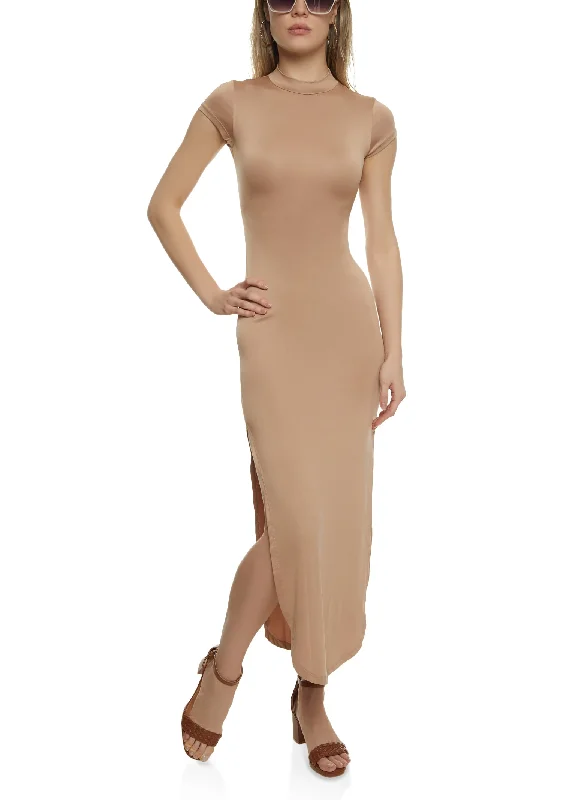 Mock Neck Cut Out Maxi Dress Comfortable Maxi Dress with Belt