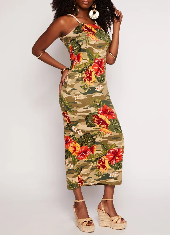 Camo Floral Print Rope Strap Maxi Dress Cozy Cold-Shoulder Maxi Dress