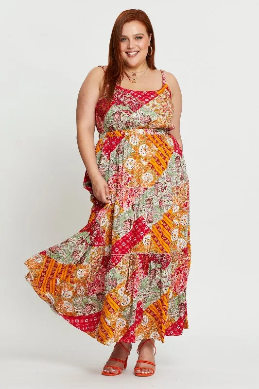 Paisley Pr Maxi Dress Square Neck Sleeveless Trendy Ruffled Maxi Dress