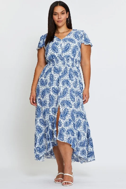 Paisley Pr Maxi Dress V-neck Short Sleeve Fashionable Open-Back Maxi Dress