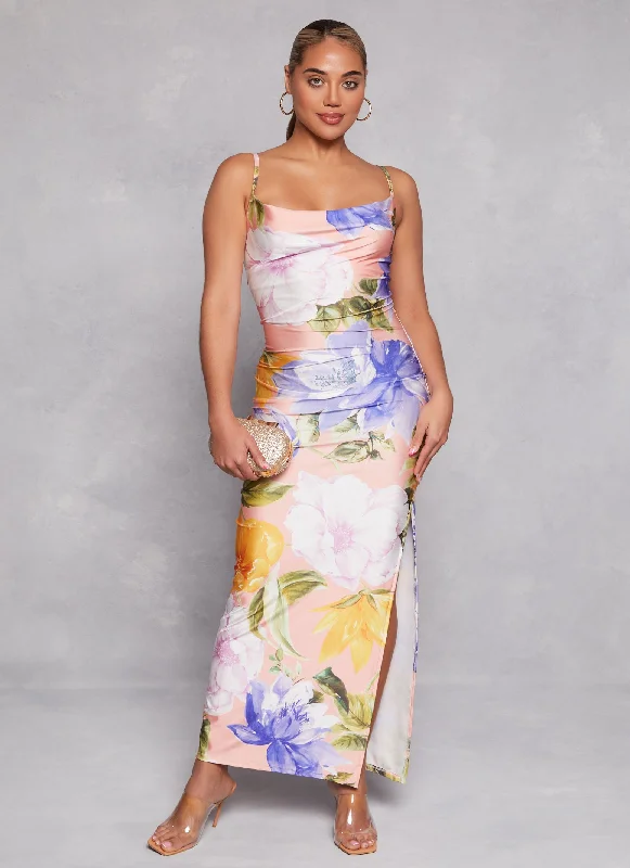 Haute Monde Floral Print Side Slit Maxi Dress Stylish Boho Maxi Dress