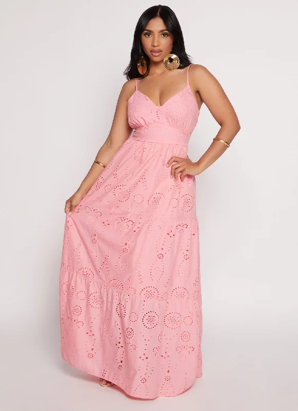 Eyelet Tie Back Tiered Maxi Dress Comfortable Ruffle Hem Maxi Dress