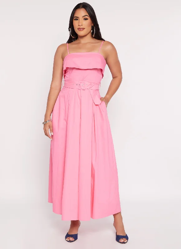 Haute Monde Poplin Belted Square Neck Maxi Dress Comfortable Maxi Dress with Sleeves