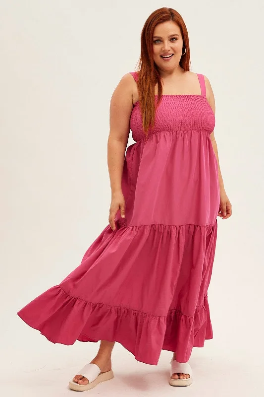 Pink Maxi Dress Sleeveless Shirred Tiered Comfortable Ruffle Maxi Dress