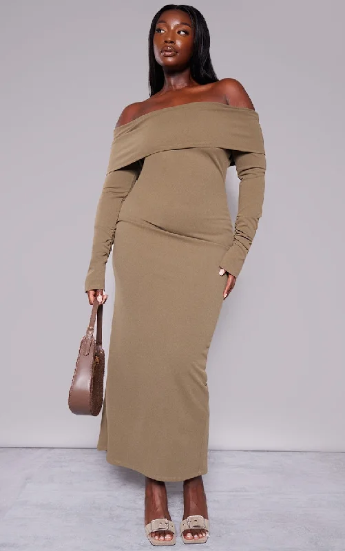 Plus Size Khaki Crepe Long Sleeve Bardot Maxi Dress Fashionable High-Low Maxi Dress