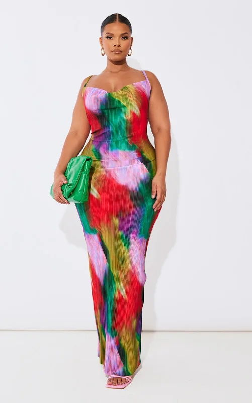 Plus Multi Printed Plisse Cowl Neck Maxi Dress Cozy Ribbed Maxi Dress