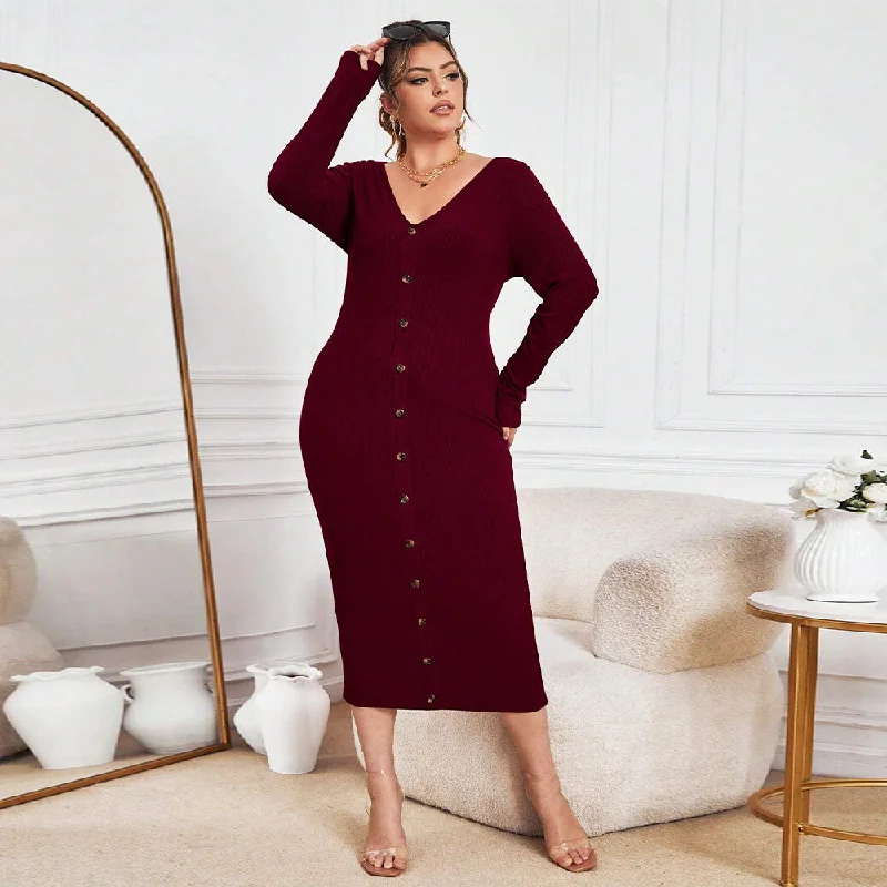 Plus Size Sexy Knitted V neck Maxi Dress Trendy Printed Maxi Dress