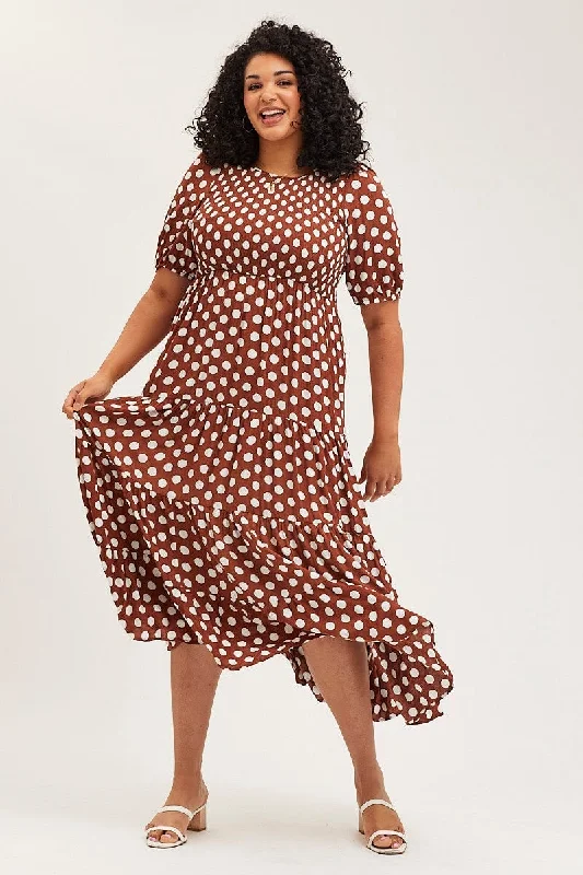 Polka Dot Maxi Dress Round Neck Puff Sleeve Shirred Cozy Spaghetti Strap Maxi Dress