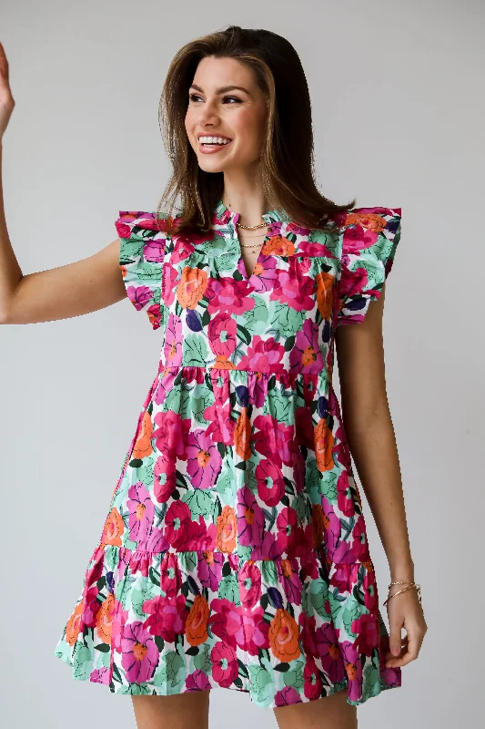 Precious Approach Fuchsia Floral Tiered Mini Dress Stylish Sweetheart Mini Dress