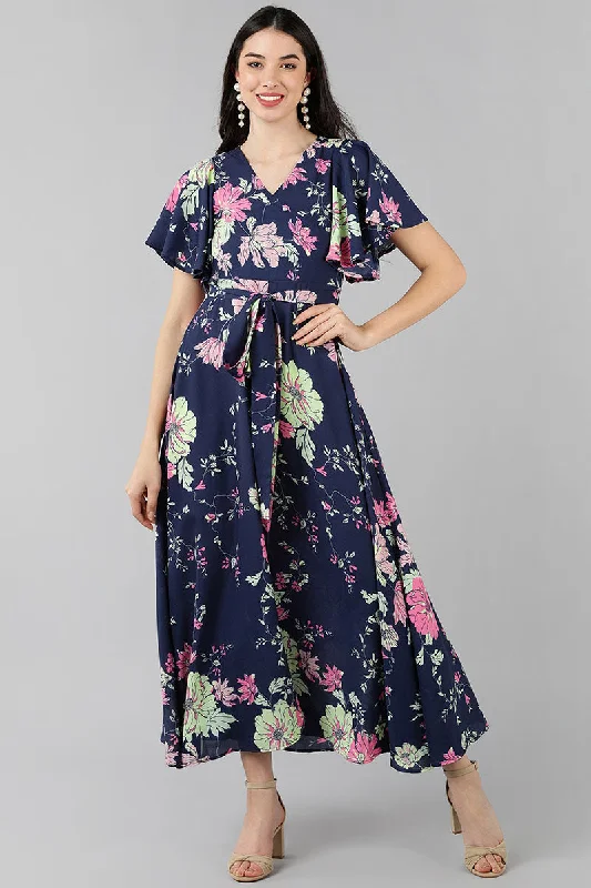 Purple Georgette Floral Printed Flared Maxi Dress Cozy Longline Maxi Dress