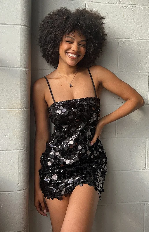 Radiant Black Sparkle Mini Dress Comfortable Ruffle Mini Dress