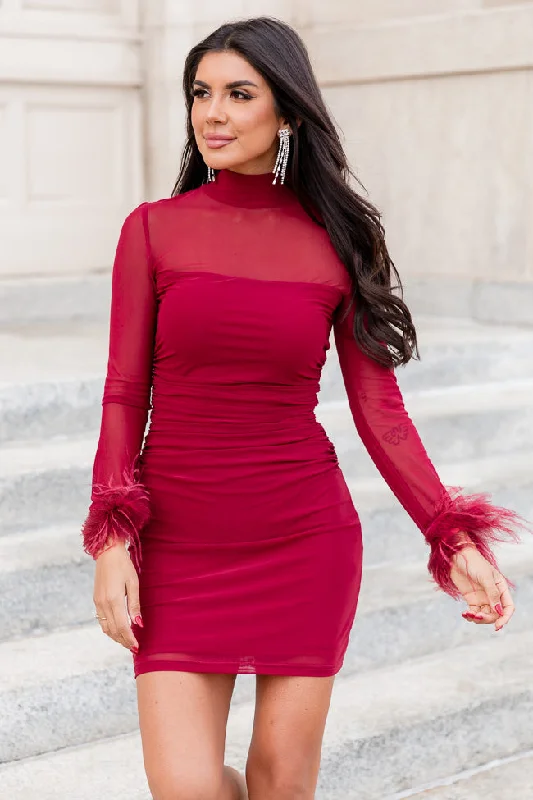 Ready Or Not Wine Mesh Long Sleeve Fur Trim Mini Dress FINAL SALE Comfortable One-Shoulder Mini Dress