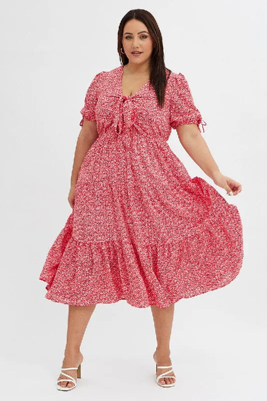 Red Ditsy Maxi Dress Neck Puff Sleeve Tie Front Cozy Maxi Dress with Slit