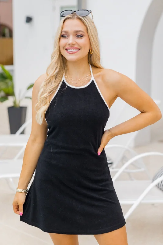 Reese Black Terrycloth Halter Mini Dress FINAL SALE Cozy Ribbed Mini Dress