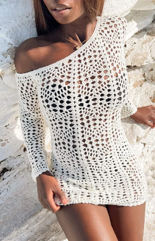 Riga White Long Sleeve Mini Dress Cozy Cowl Neck Mini Dress