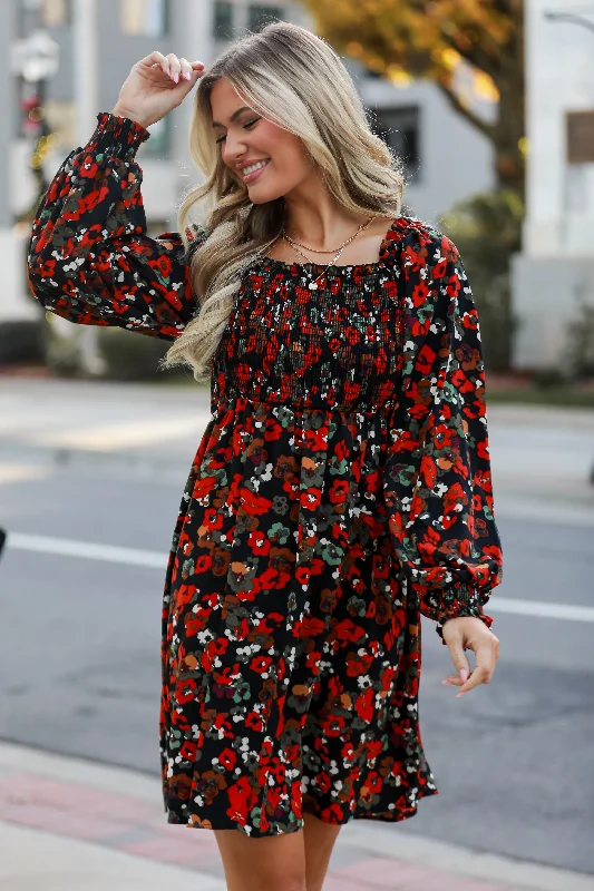 Romantic Hint Black Floral Mini Dress Chic Pleated Mini Dress