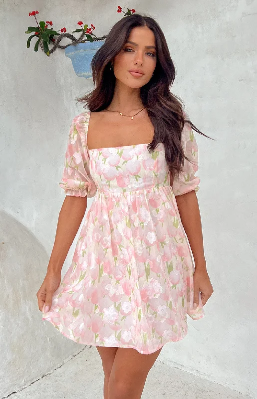Rubi Pink Floral Babydoll Mini Dress Classic Floral Print Mini Dress