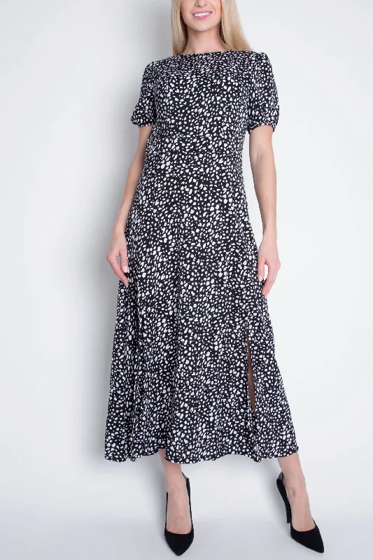 Short Sleeve Maxi Dress - Black Leopard Print Trendy Off-Shoulder Ruffle Maxi Dress