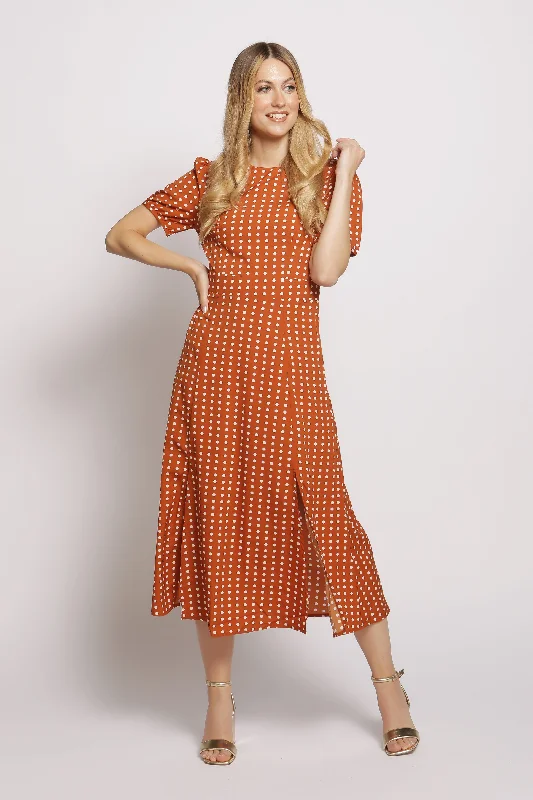 Short Sleeve Maxi Dress in polka dot BROWN Cozy Ruffle Sleeve Maxi Dress