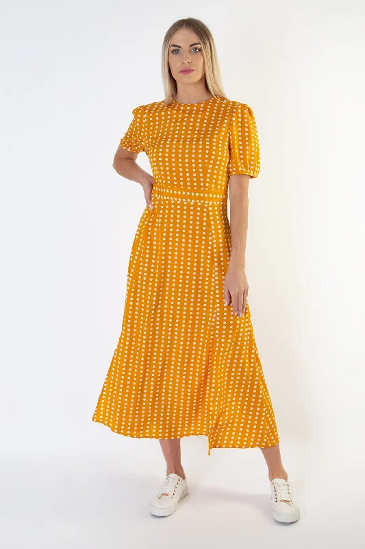Short Sleeve Maxi Dress in Polka Dot - Mustard Stylish Boho Chic Maxi Dress
